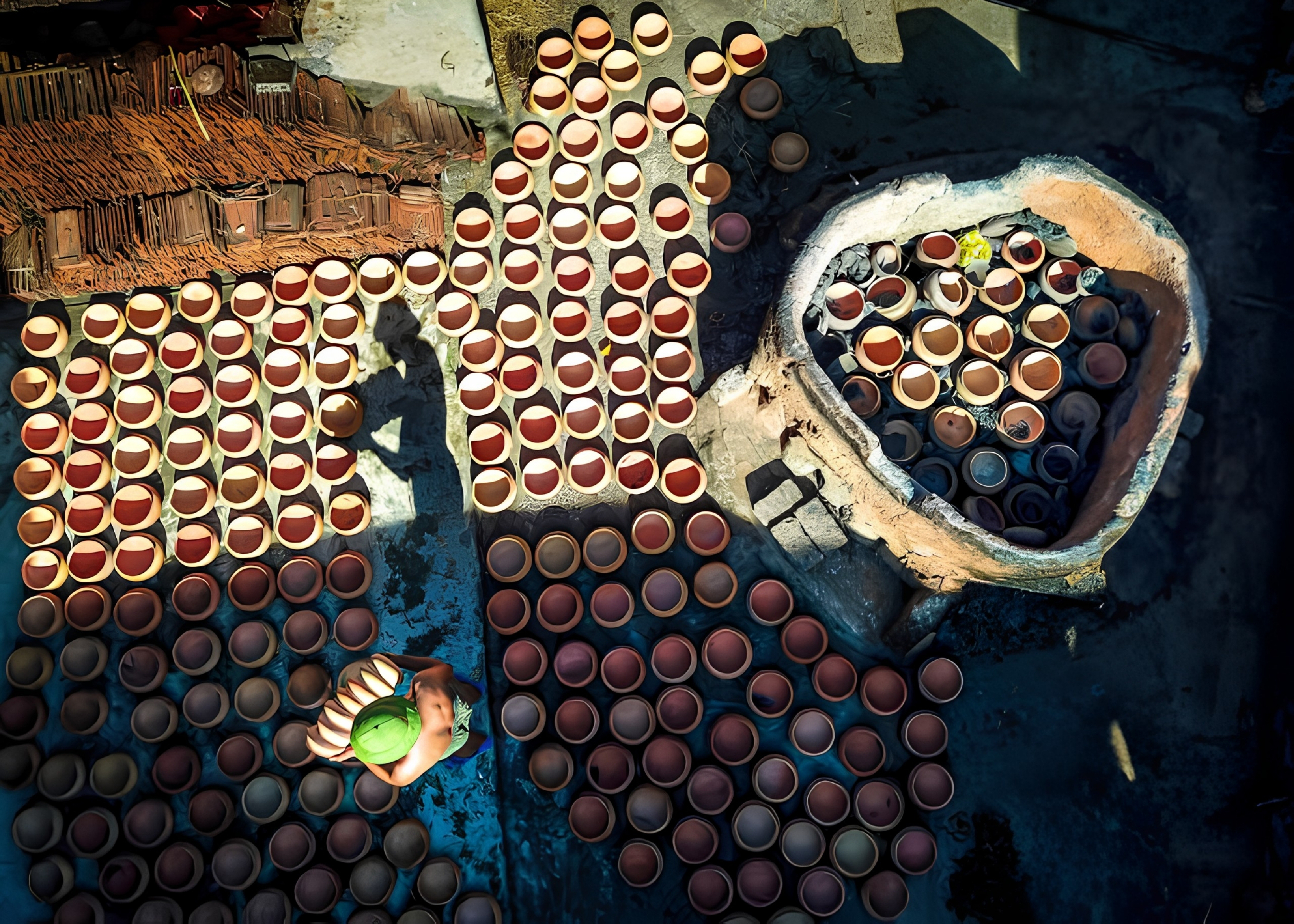 An aerial view of many clay pots arranged across village courtyards